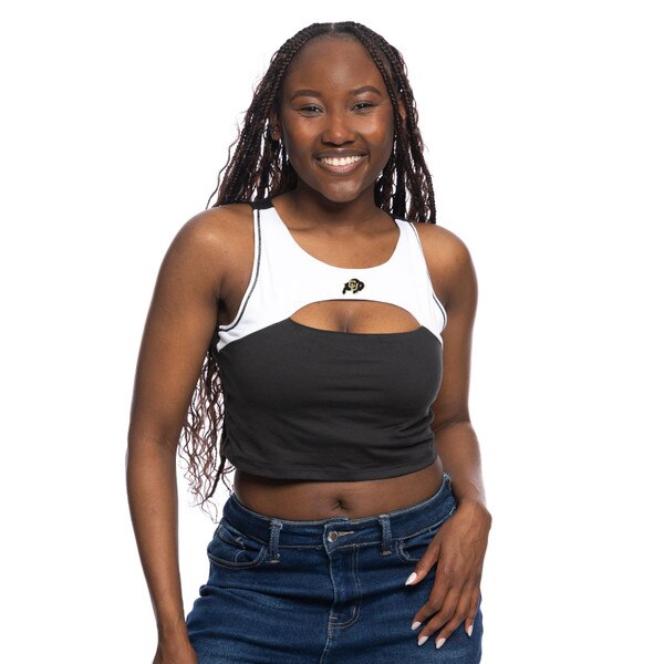 This is a halter neck sports bra with a cut out over the chest. The straps and upper chest are white with black stitching and the rest is fully black. There's a C.U. Buffalo logo on the center top.